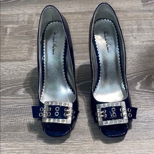 Blue Open Toe Heels size 8 1/2 w/ Glam Rhinestone Buckles